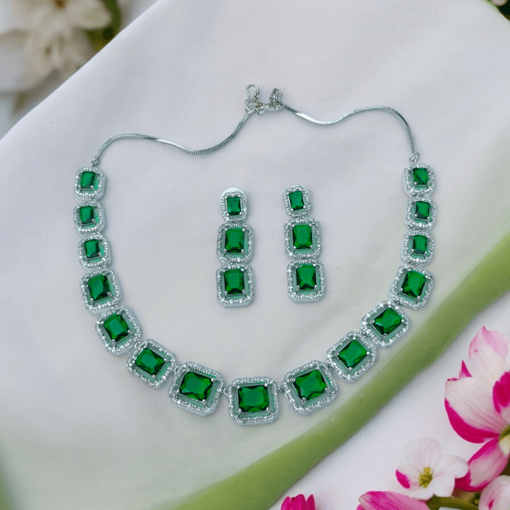 american diamond necklace, american diamond, american diamond jewellery, american diamond necklace set, american diamond green necklace, green american diamond necklace