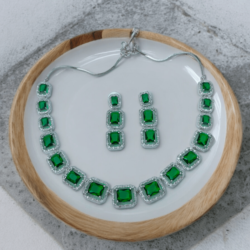 american diamond necklace, american diamond, american diamond jewellery, american diamond necklace set, american diamond green necklace, green american diamond necklace