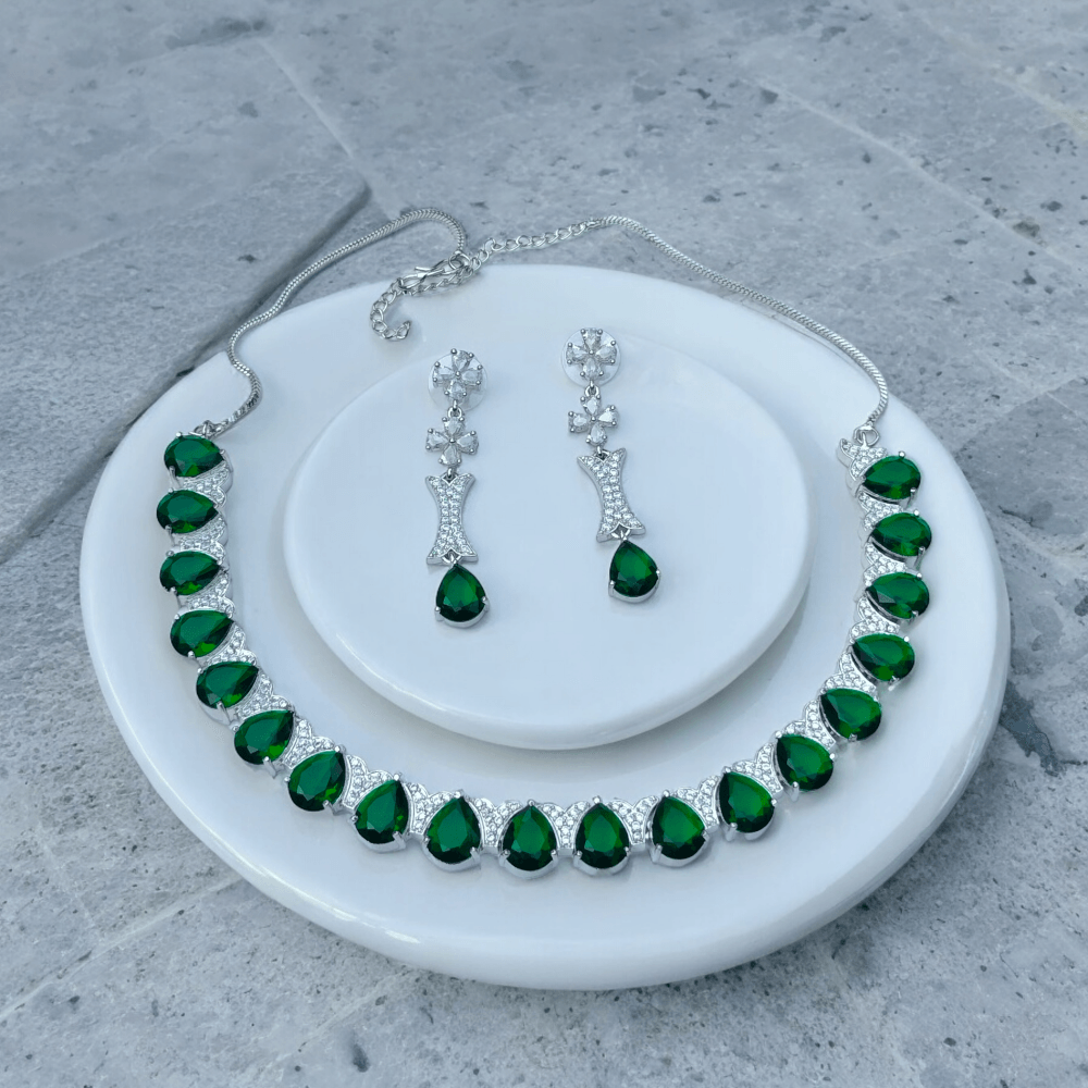 american diamond necklace, american diamond, american diamond jewellery, american diamond necklace set, american diamond green necklace, green american diamond necklace