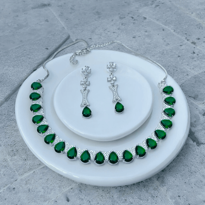 american diamond necklace, american diamond, american diamond jewellery, american diamond necklace set, american diamond green necklace, green american diamond necklace