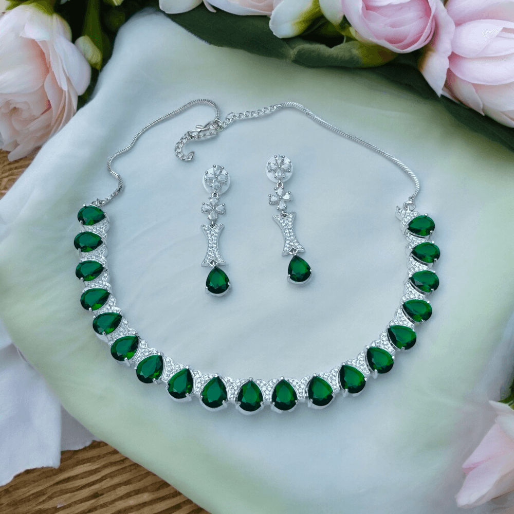 american diamond necklace, american diamond, american diamond jewellery, american diamond necklace set, american diamond green necklace, green american diamond necklace