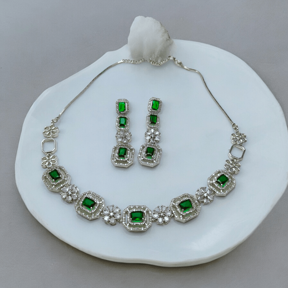 american diamond necklace, american diamond, american diamond jewellery, american diamond necklace set, american diamond green necklace, green american diamond necklace