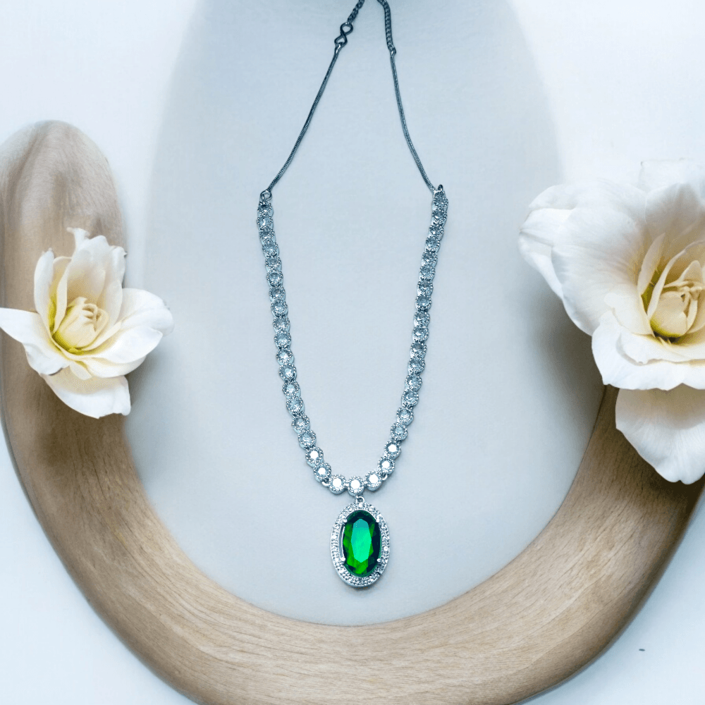 american diamond necklace, american diamond, american diamond jewellery, american diamond necklace set, american diamond green necklace, green american diamond necklace