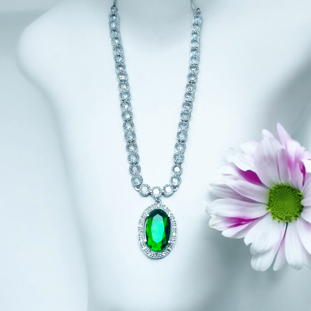 american diamond necklace, american diamond, american diamond jewellery, american diamond necklace set, american diamond green necklace, green american diamond necklace