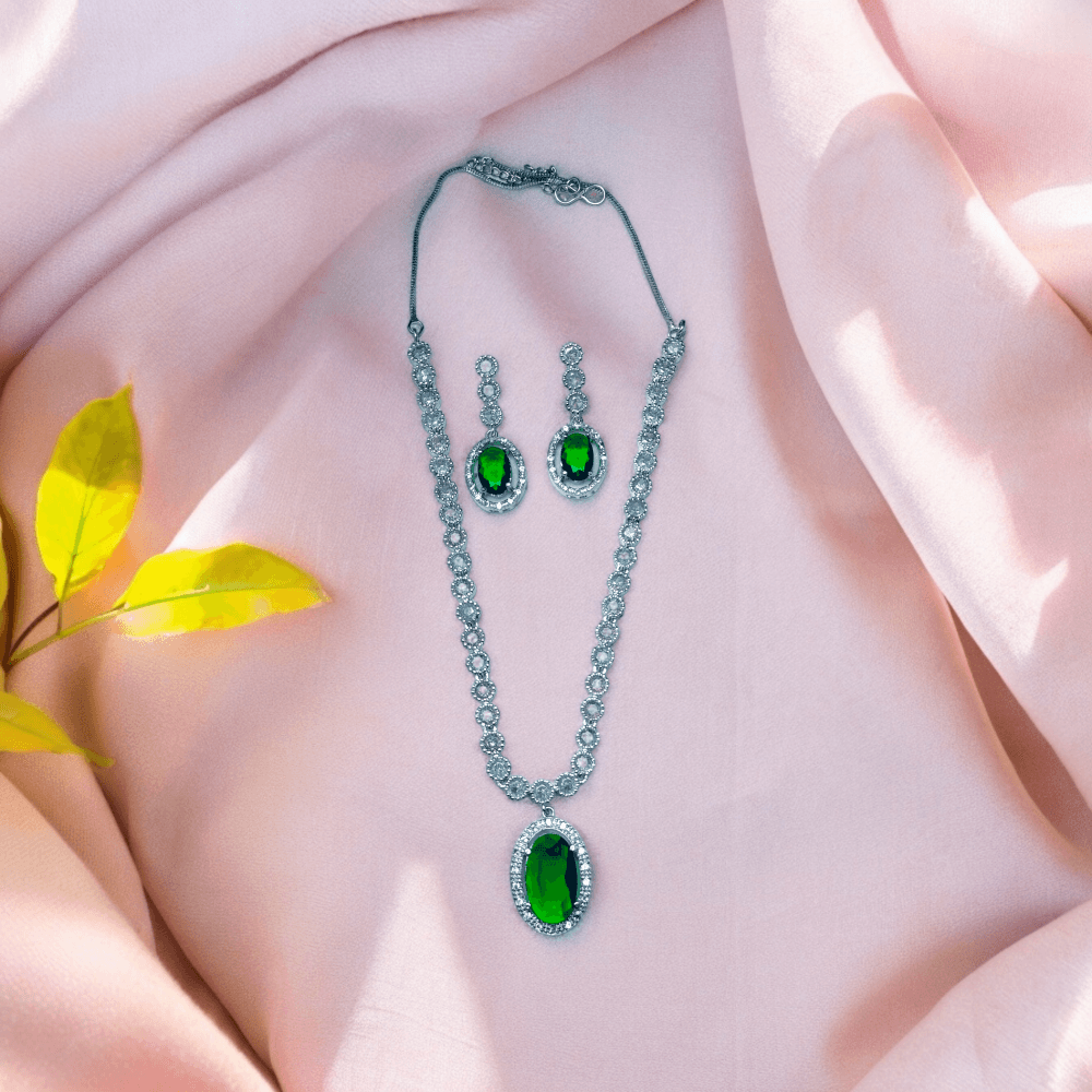 american diamond necklace, american diamond, american diamond jewellery, american diamond necklace set, american diamond green necklace, green american diamond necklace